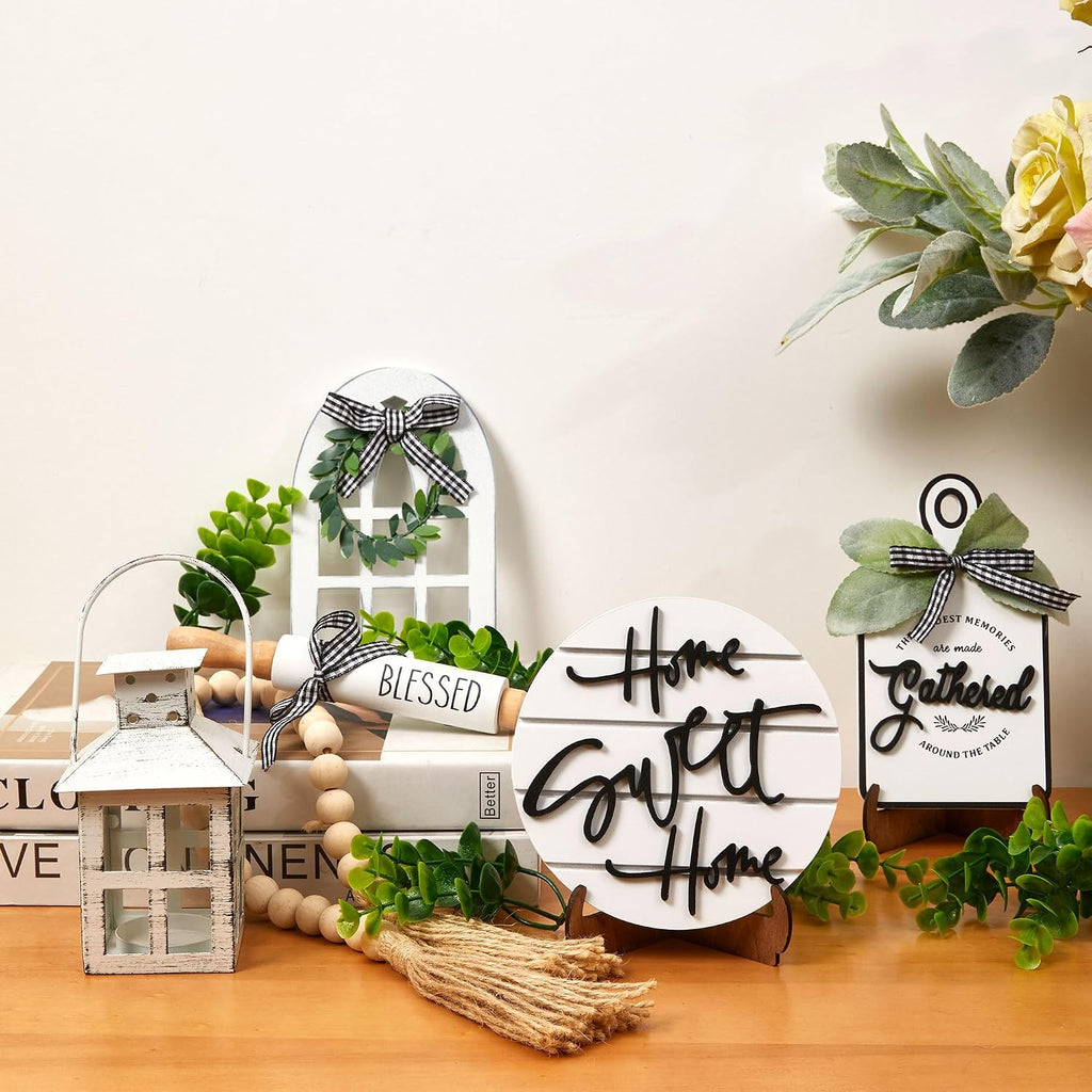 Farmhouse Tiered Tray with 1 Lantern Artificial Plant& Cutting Board Sign for Rustic Home Sweet Home - Set of 17