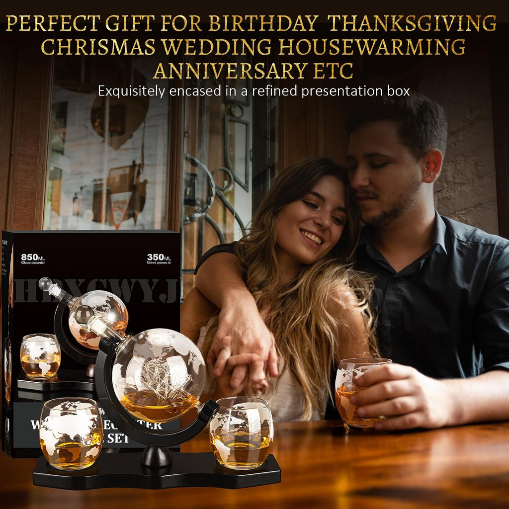 Gifts for Men Dad Husband, Whiskey Decanter Globe Set with 2 Glasses & Walnut Tray-Great Gift Idea for Whiskey