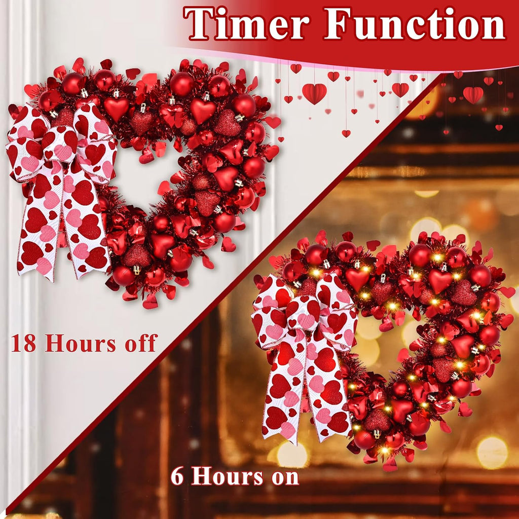 14.2'' Valentines Day Wreath, Heart Wreaths for Front Door, Red Valentine Wreath Decorations with Bowknot Lights