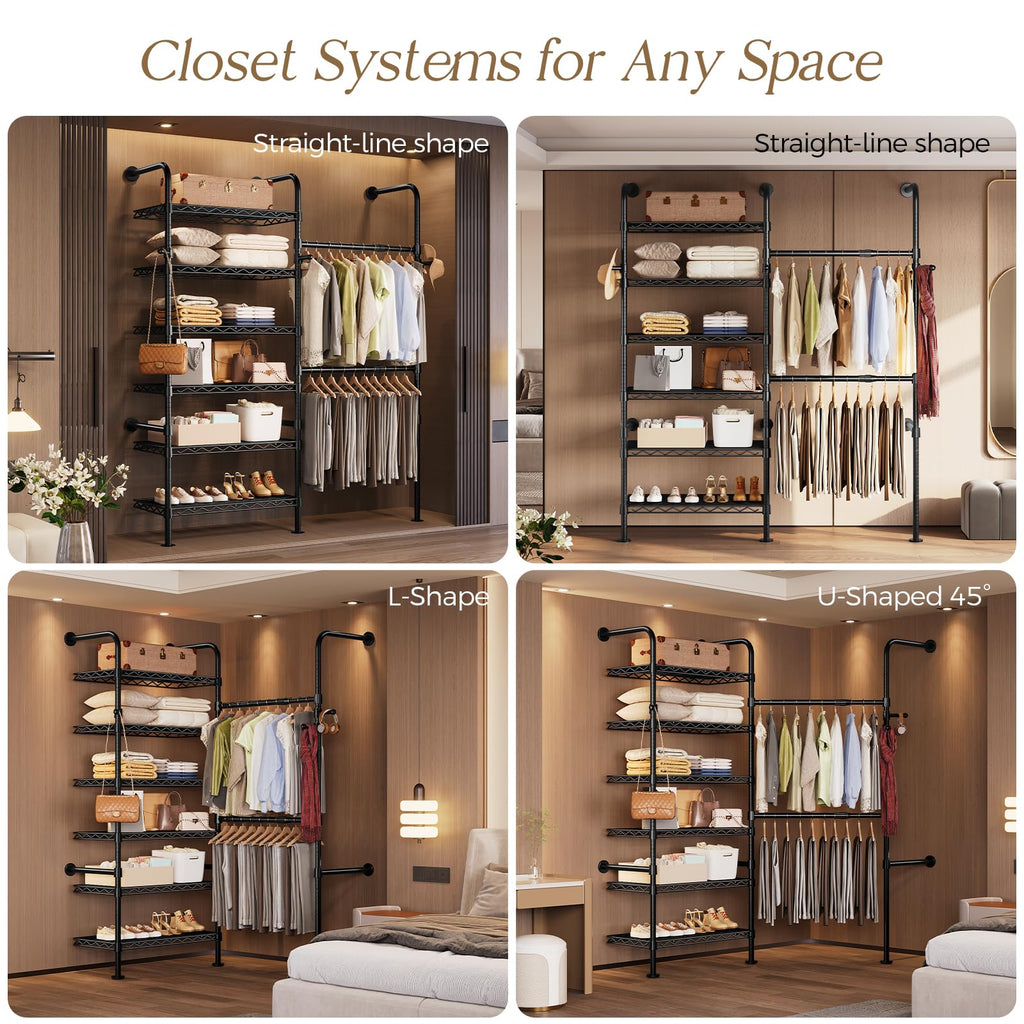 Wall Mounted Closet System, Heavy Duty 2-Row Clothes Rack, Expandable Industrial Pipe Closet Organizers and Storage