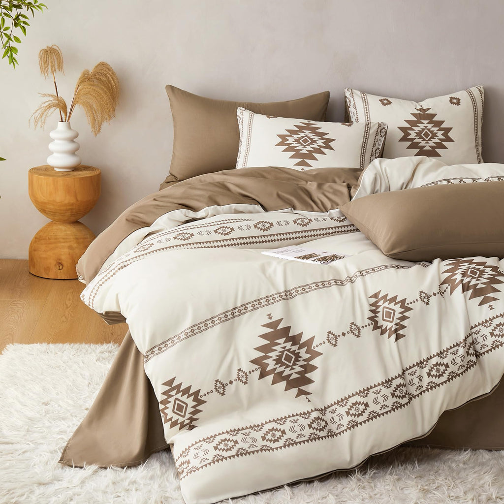 Western Comforter Set, Boho Southwestern Farmhouse Style with Aztec Diamond Geometric Pattern, Soft Lightweight