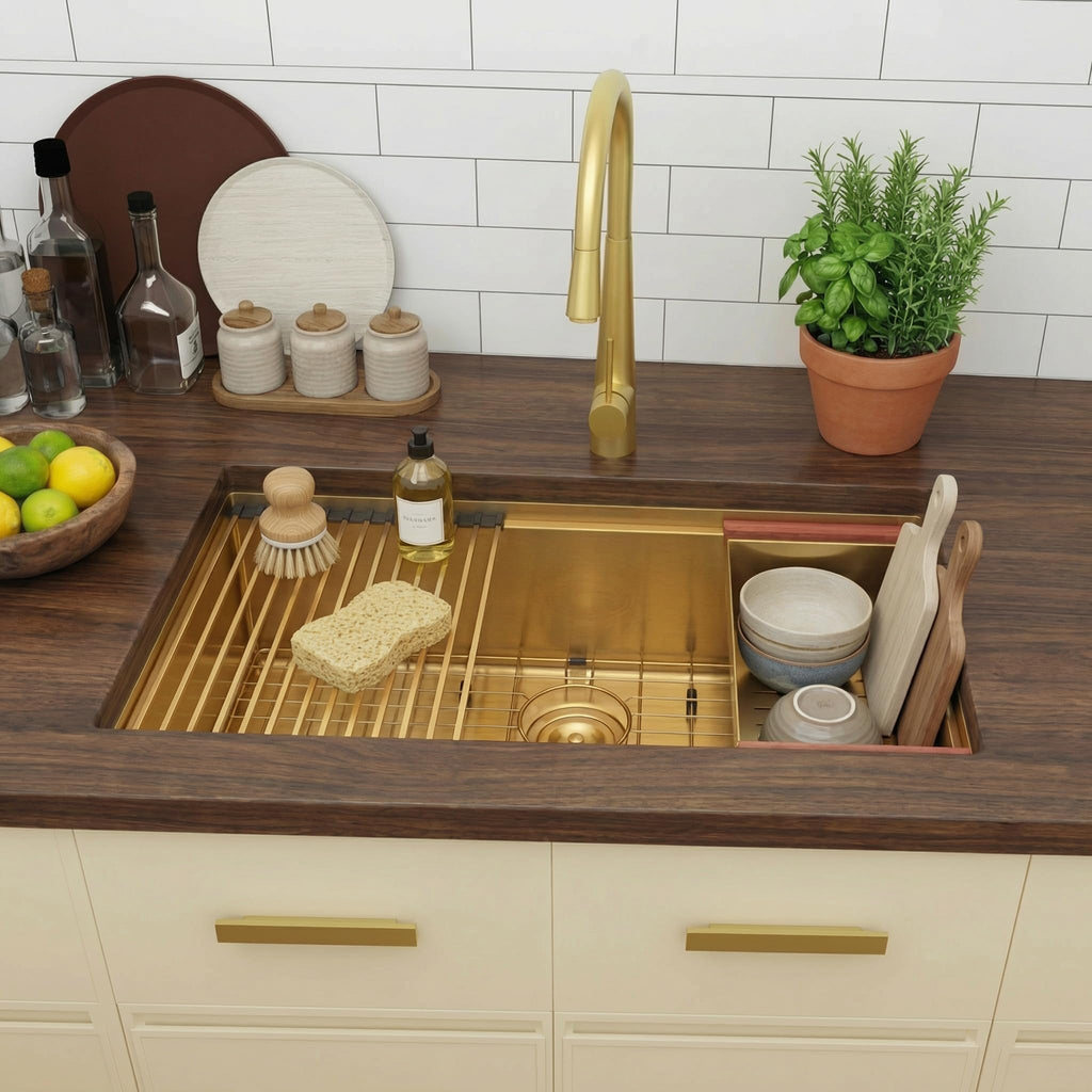 Gold Undermount Kitchen Sink, 32" x 19" x 10", 16 Gauge T304 Stainless Steel Workstation Sink, Deep Single Bowl