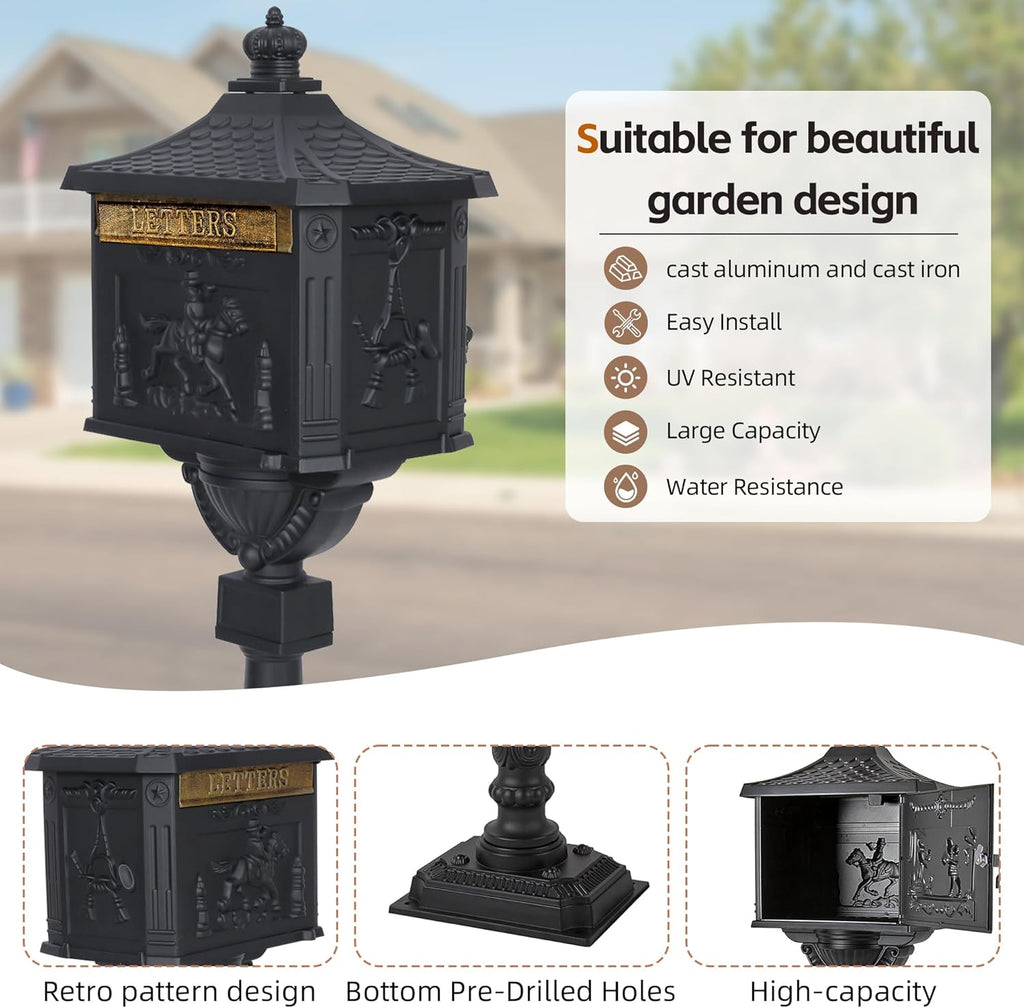 Cast Aluminum Locking Mailbox, Heavy Duty Security Postal Box, Retro Mid-Century Outdoor Mailbox with Key Lock