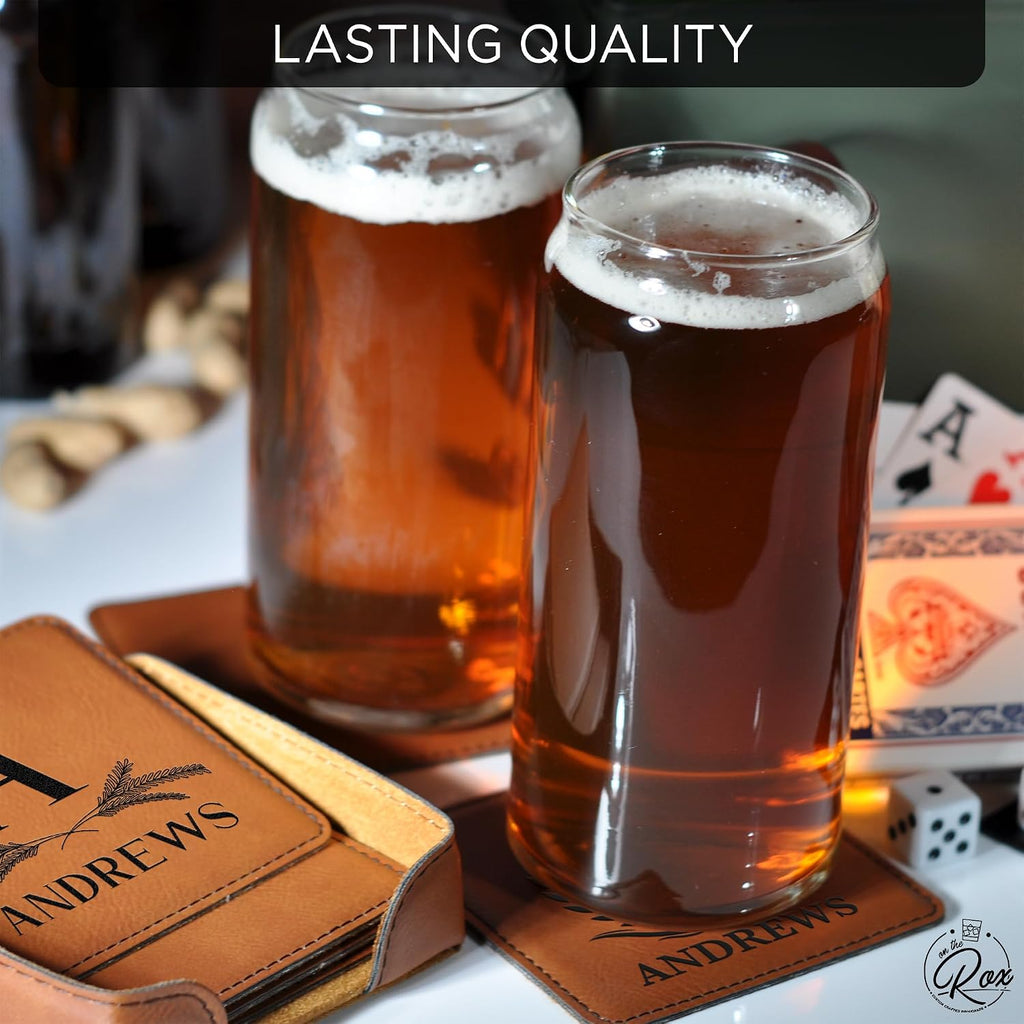 Personalized Leatherette Coasters Engraved Name Monogram Coasters with Holder - Custom Gifts for Men - Set of 6