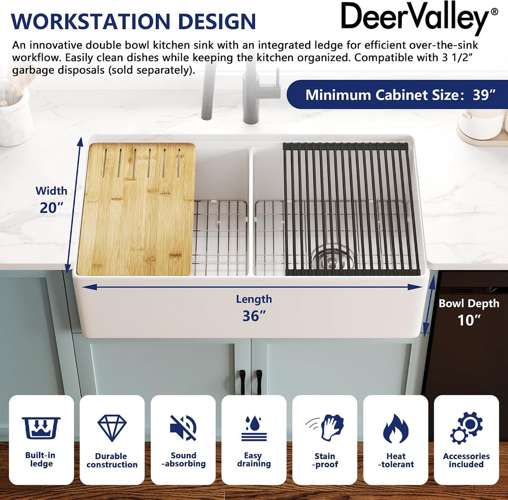 Double Bowl Workstation Kitchen Sink 36 Inch | Fireclay Deep Farmhouse Apron Front Kitchen Sinks, White Undermount