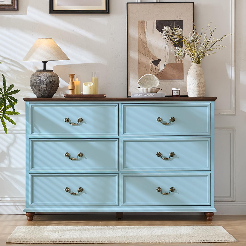 Farmhouse 6 Drawers, Vintage 54" Wide Chest of Drawers w/ 4 Wooden Legs, Rustic Large Closet Storage Dressers