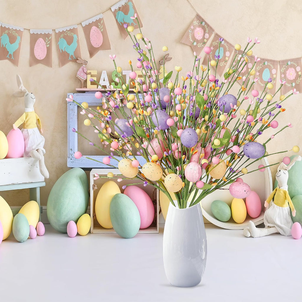 Artificial Easter Stems Spring Berry Picks with Eggs Colorful Berries Leaves Twig Branches Sprays for Easter - Set of 6