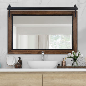 Farmhouse Barn Door Mirror, 48"x30" Rustic Bathroom Mirror, Wood Frame Wall Mirror, Wooden Mirror Bedroom Entryway