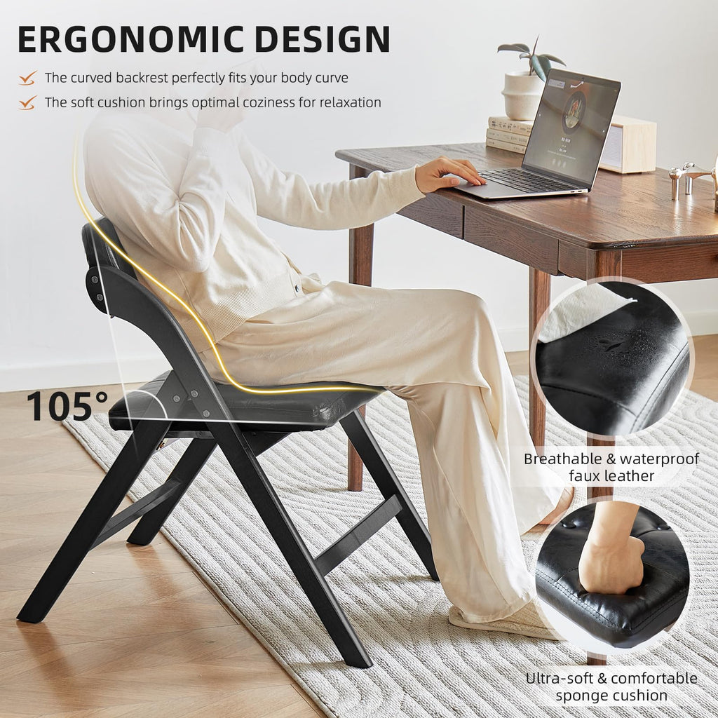 Wooden Folding Chairs Set of 2, Padded Foldable Chairs, Black