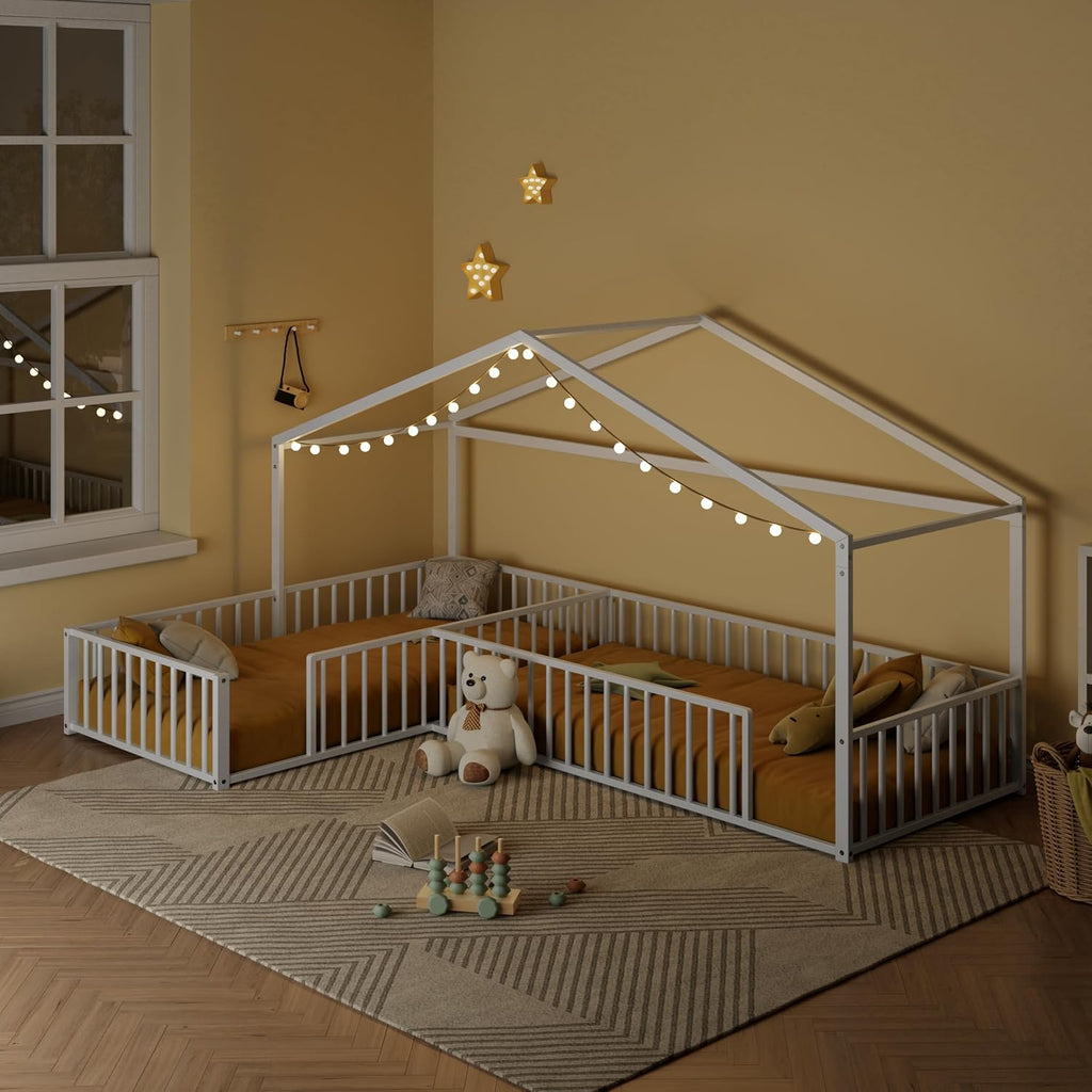 Double L-Shaped Montessori Bed, Metal Corner Hose Bed Frame with Fence, House-Style Floor Bed for 2