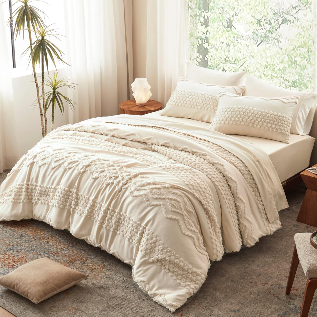 Beige Tufted Comforter Set, 3 Pieces King Size Boho Bedding Set
