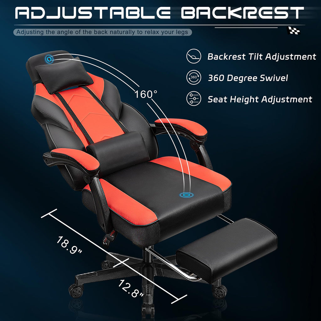 Gaming Chair with Footrest, Video Game Chair for Adults, Big and Tall Computer Chair with Massage Lumbar Support