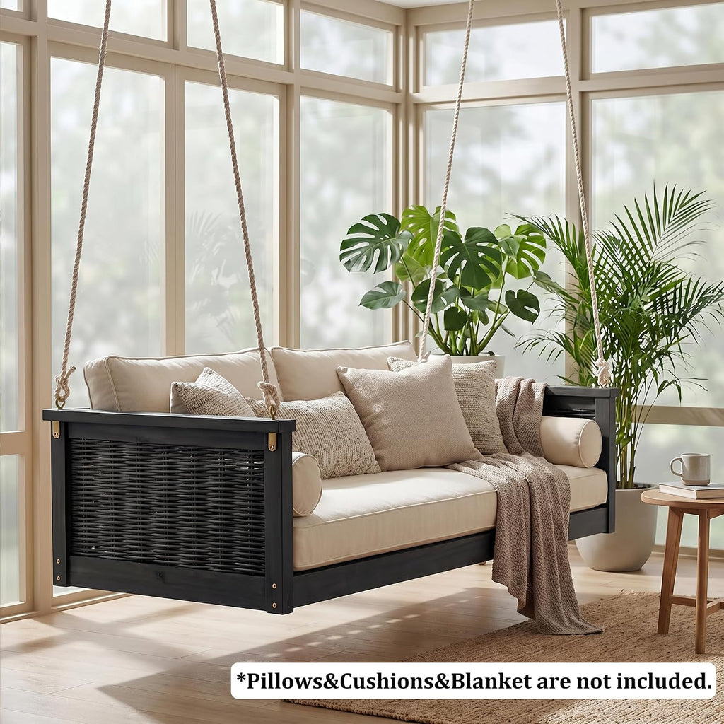 79.5in Acacia Wood Porch Swing Bed, Rattan Hanging Outdoor Daybed, Black | Hand-Woven Rattan And Acacia Wood Frame;