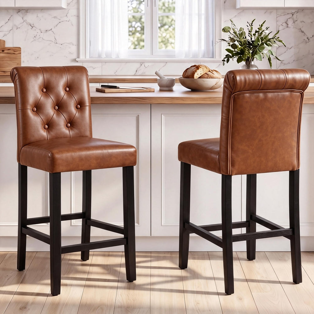 Counter Height Barstools Fabric Upholstered Counter Stool with Rubber Wood Legs Bar Chair Island (Brown, Set of 4)