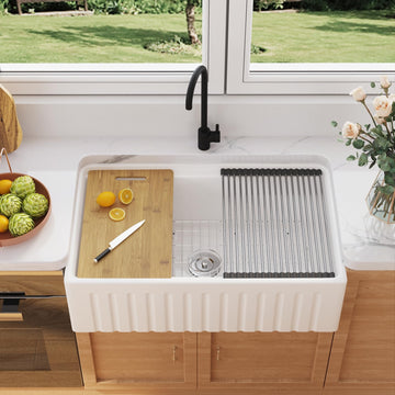 33 Inch White Ceramic Farmhouse Workstation Sink