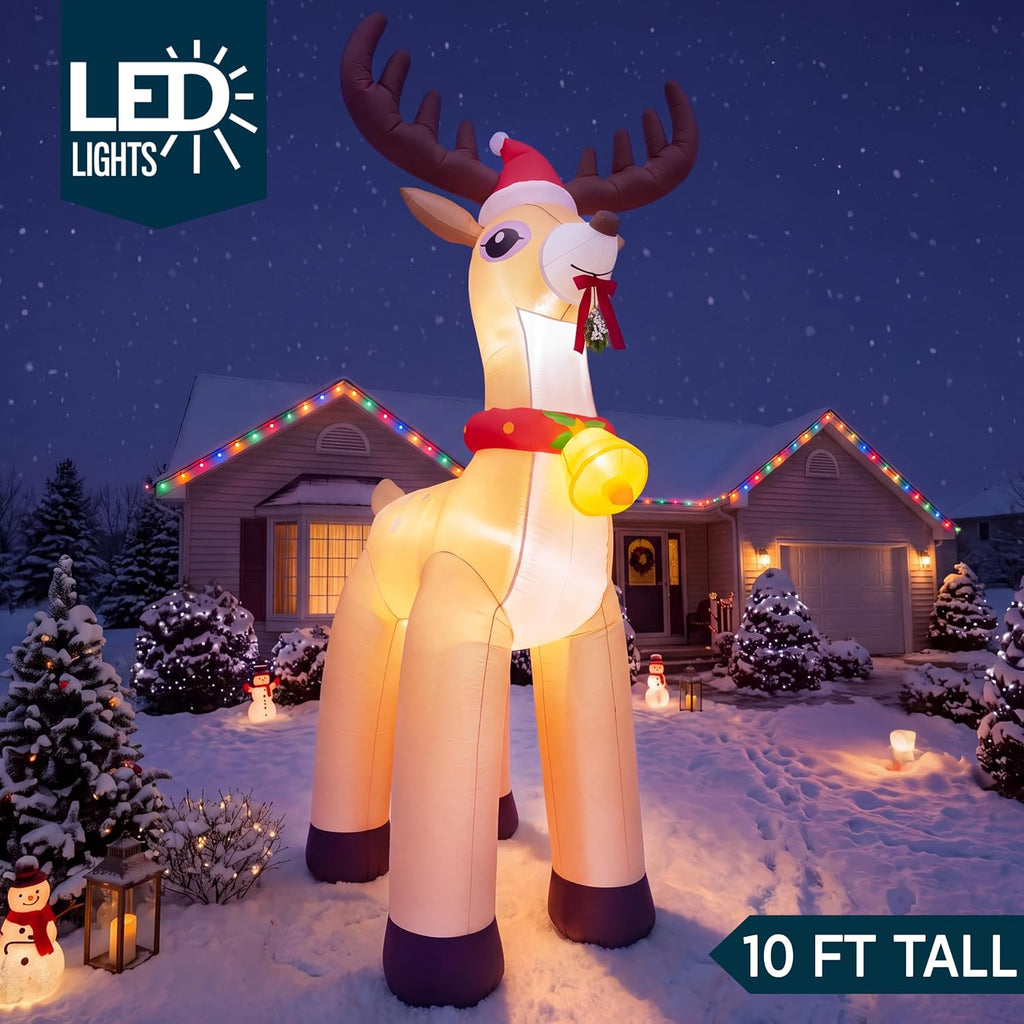 10FT Giant Christmas Inflatable Reindeer Outdoor Decoration, Christmas Blow Up Yard Decoration with Santa Hat, Jingle