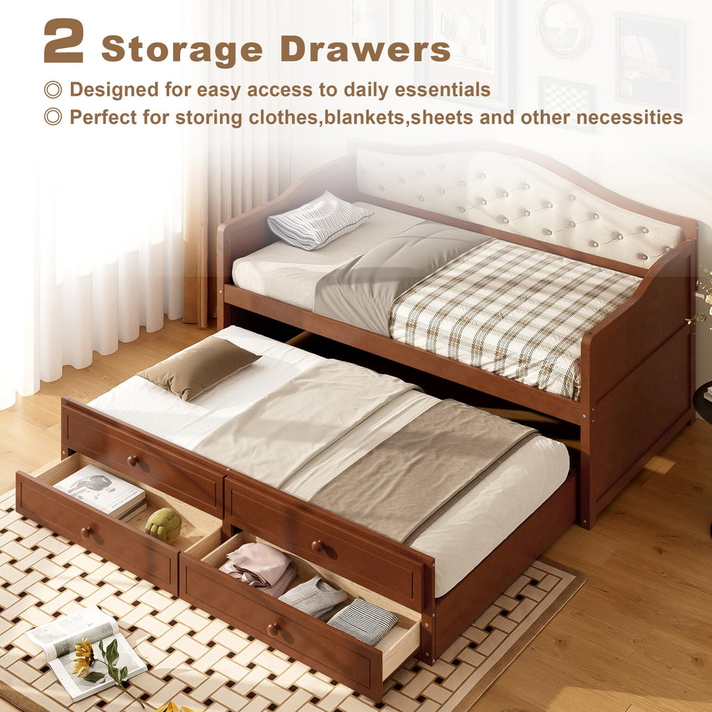 Wood Daybed Twin Size with Trundle and 2 Storage Drawers, Walnut