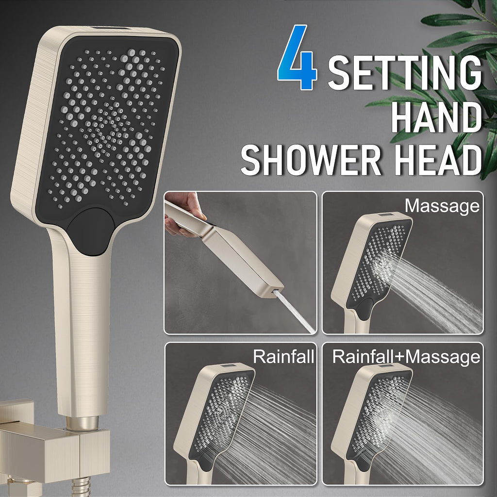 Thermostatic Shower System with Adjustable Water Flow Push Button Diverter, Square Dual Shower Heads Faucet Set with