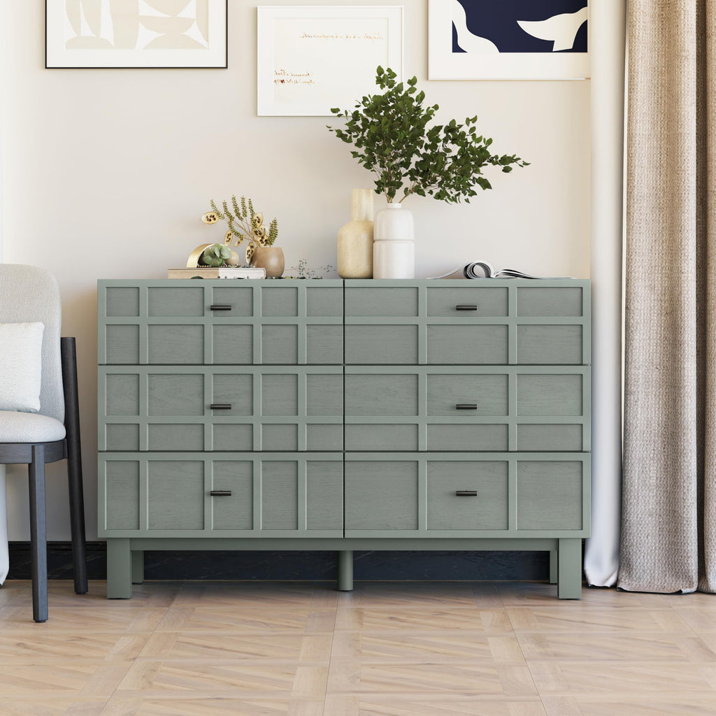 Modern 6 Drawer Double Dresser X 2P with Grid Carved Pine Front, Minimalist Chest of Drawers with Large Storage Space