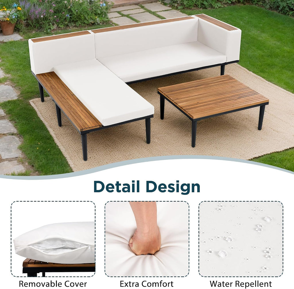 3 Pieces Acacia Wood Sectional Patio Sofa with Coffee Table, Outdoor L-Shaped Sectional Sofa with Side Table