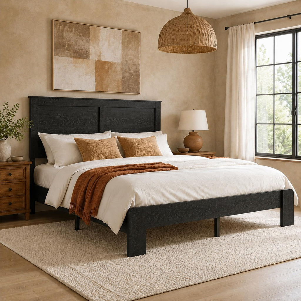 Black Farmhouse Wooden Bed Frame with 44.1" Headboard