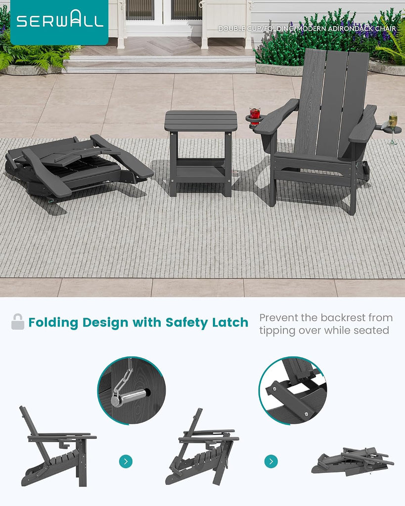 HDPE Modern Folding Adirondack Chair with Dual Cup Holder, Gray | Outdoor All-Weather Lawn Adirondack Chairs Wood