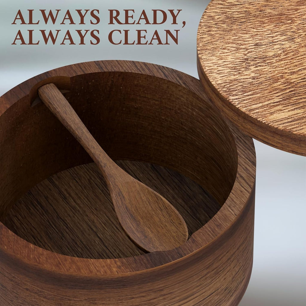 Salt Cellar with Lid & Spoon, Acacia Wood Salt Container, Salt Holder