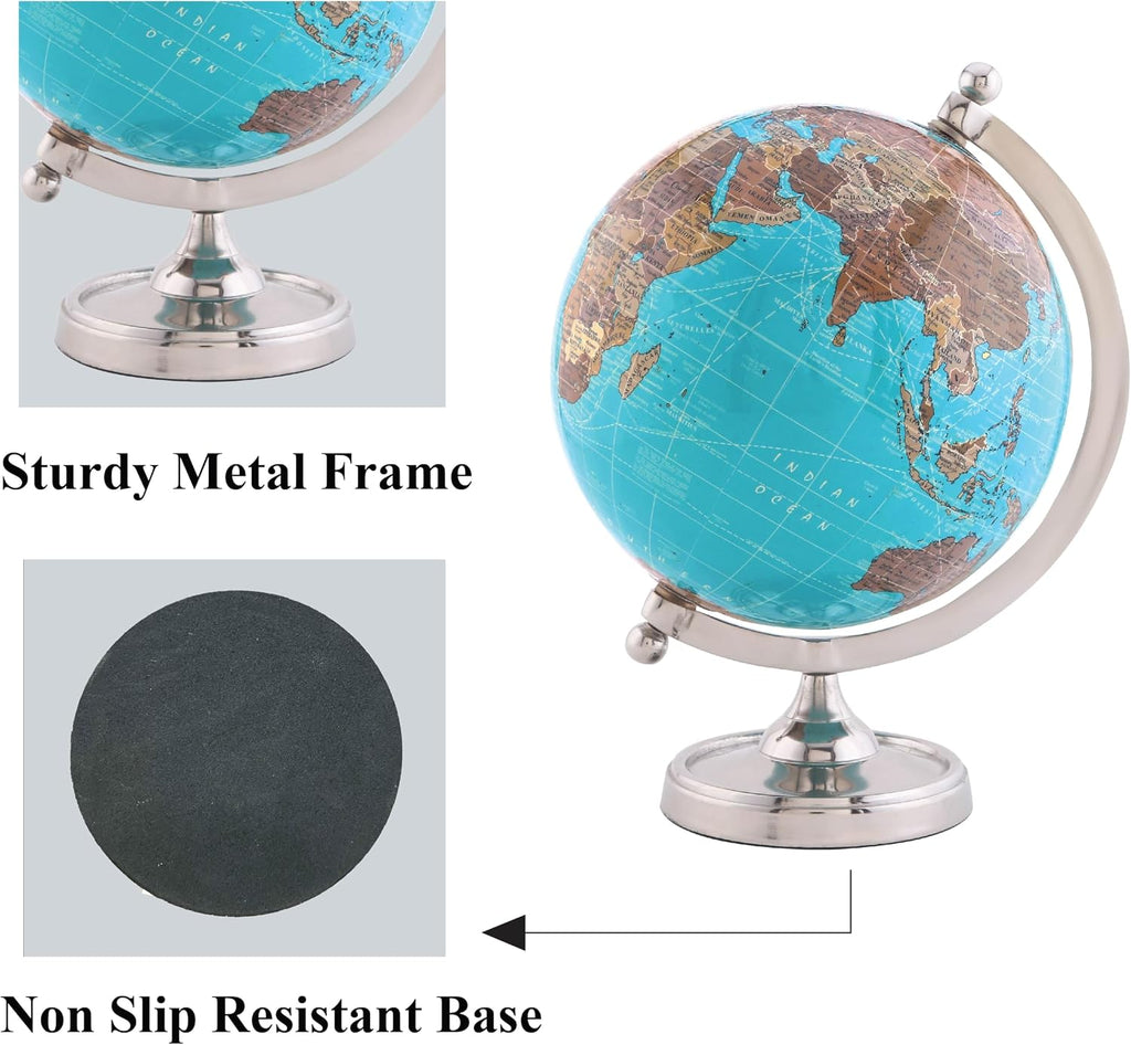 Earth Light Blue Rotating Globe of The World with Silver Stand (NOT PLASTIC!) for Bookcase Shelf Decorative Home Desk