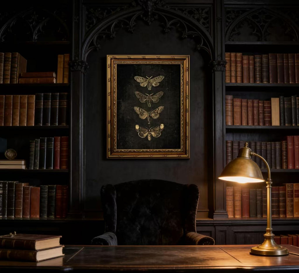 Vintage Gold Framed Moth Butterfly Canvas Wall Art - Gothic Dark Moody Cottagecore Insect Print Decor Bedroom