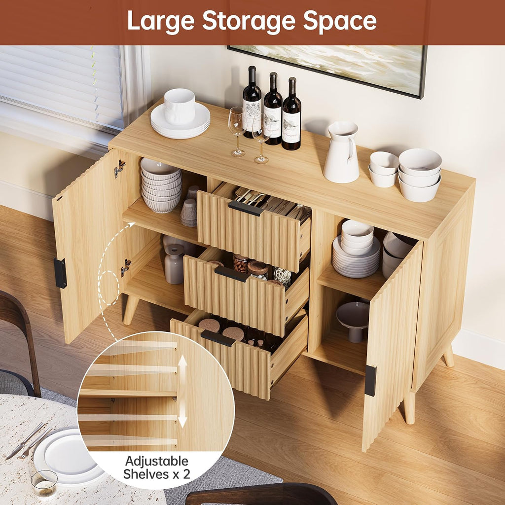 47" Fluted Sideboard Buffet Cabinet with 3 Drawers & 2 Doors - Modern Credenza with Tapered Legs, Natural Wood
