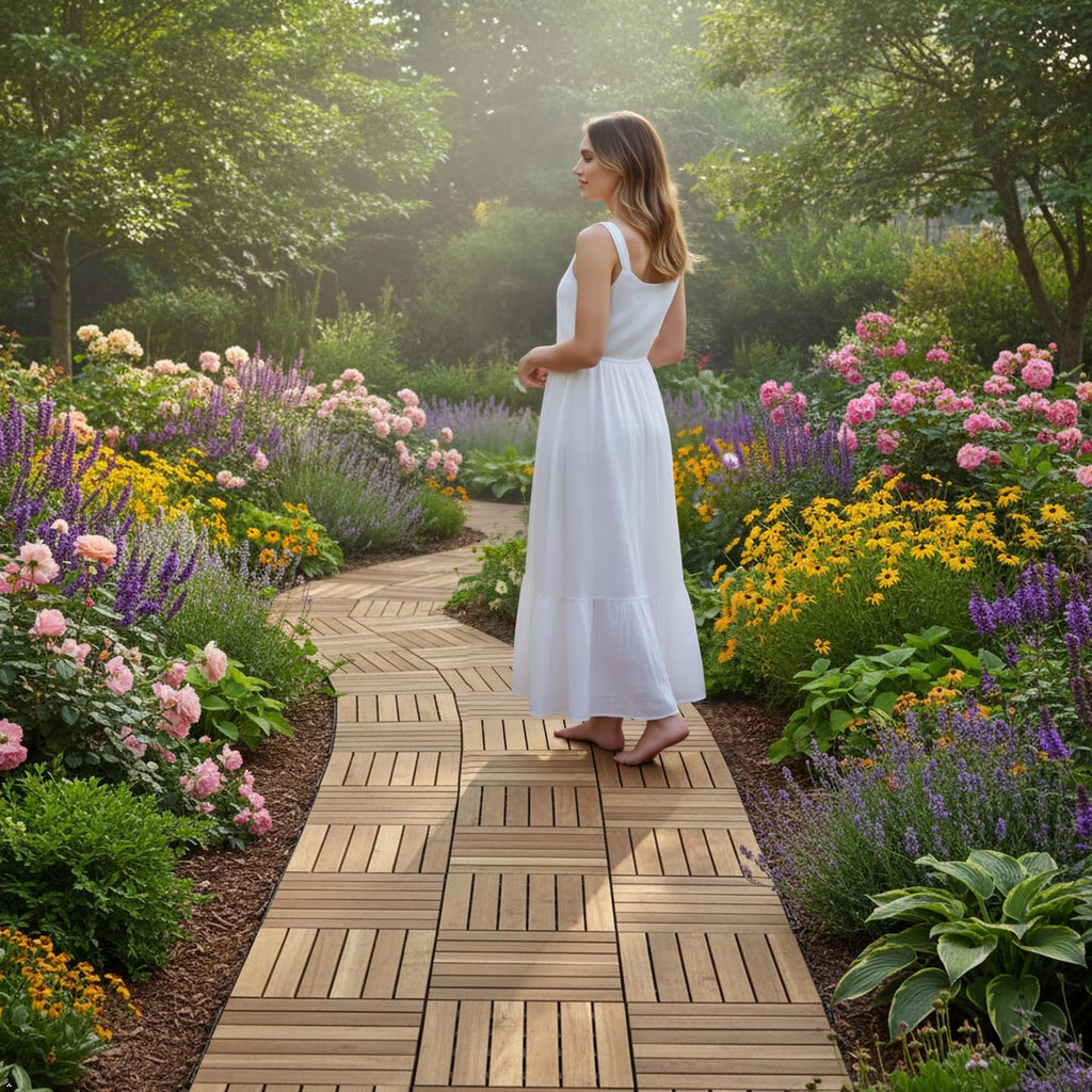Natural Acacia 12x12 Interlocking Wood Deck Tiles for Balcony, Garden, Patio, Poolside Decor - Waterproof Indoor &