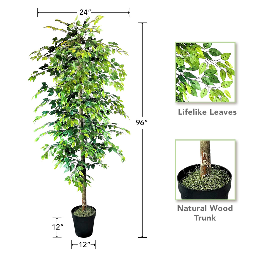 8ft Artificial Ficus Tree in Black Plastic Pot - Real Wood Trunk, No Maintenance Indoor Faux Plant - Living Room