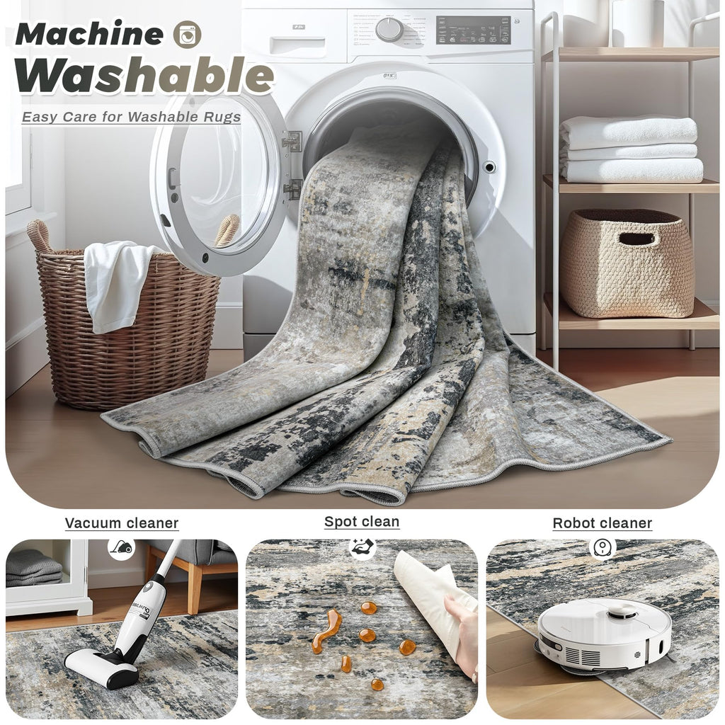Area Rugs Runner Rug: Washable Hallway Rug Modern Abstract Neutral Soft Non-Slip Low-Pile Indoor Carpet Bedside