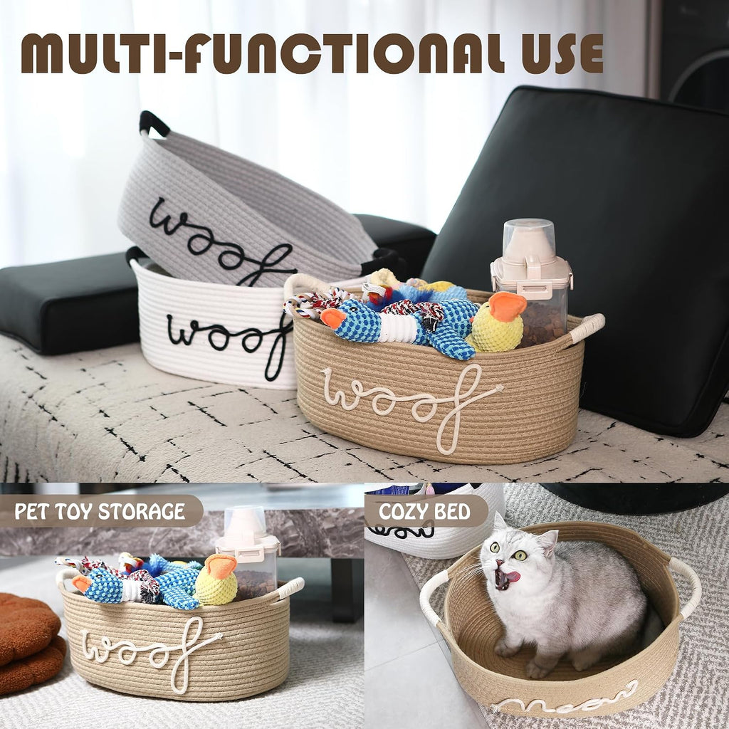Dog Toy Storage Basket with Handles, Beige Woof