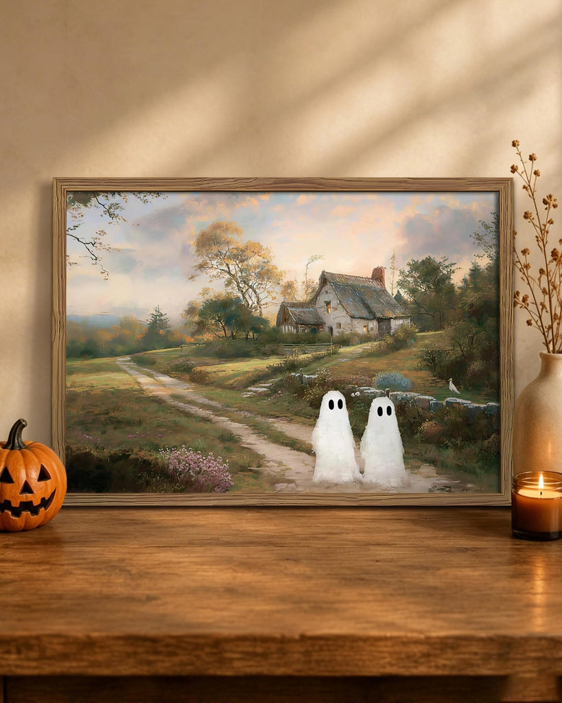Vintage Landscape Ghost Wall Art, Gothic Halloween Cute Ghost Canvas Wall Decor Painting, Retro Rustic Cottage