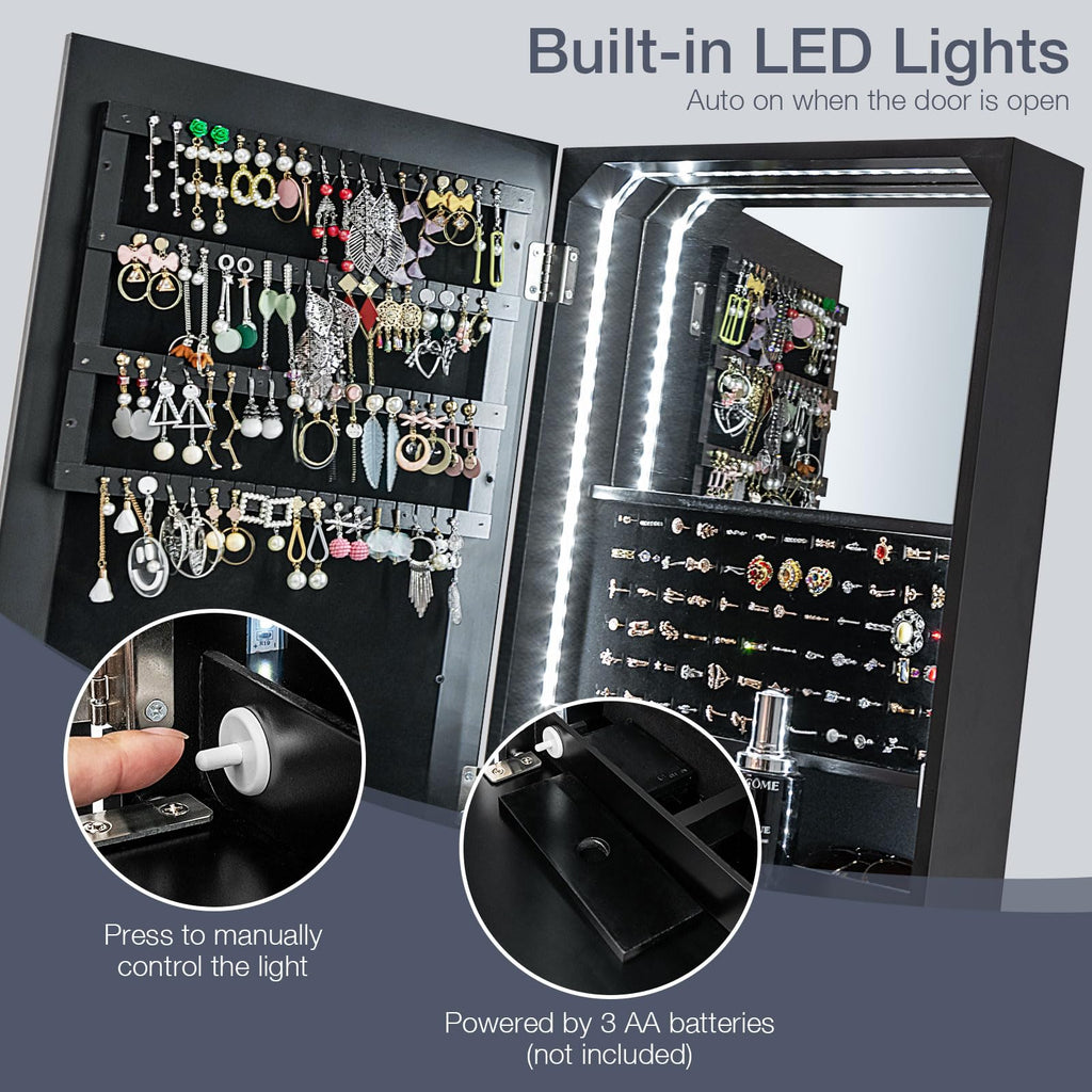 Jewelry Cabinet with Full Length Mirror & LED Light Strip, Black
