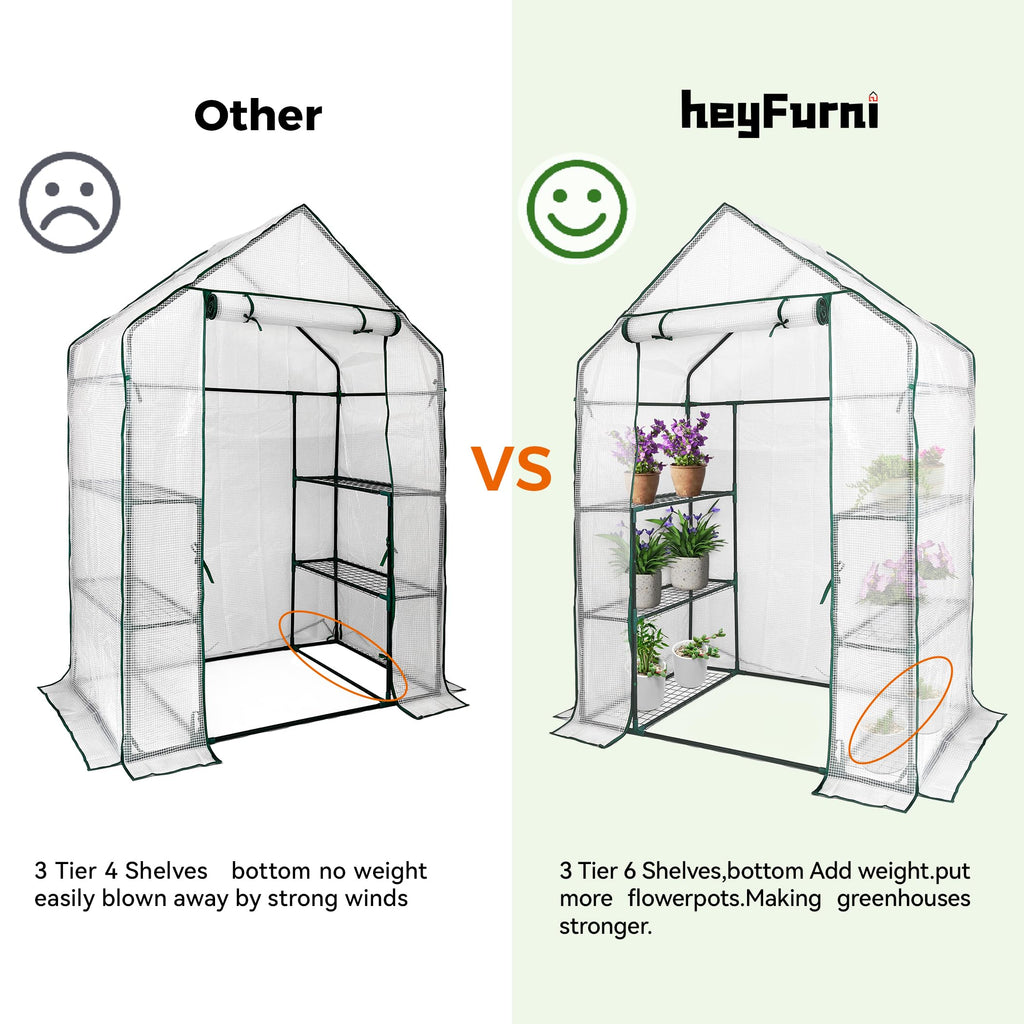 Walk in Greenhouse with 3 Tier 6 Shelves, 2 More Bottom Shelves Reinforced Plant House, Growhouse/Green House for