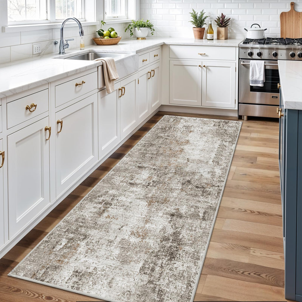 Washable Non Slip Runner Rug 3x8 - Hallway Runner Rug & Kitchen Carpet Runner - Modern Abstract Neutral Low Pile Area