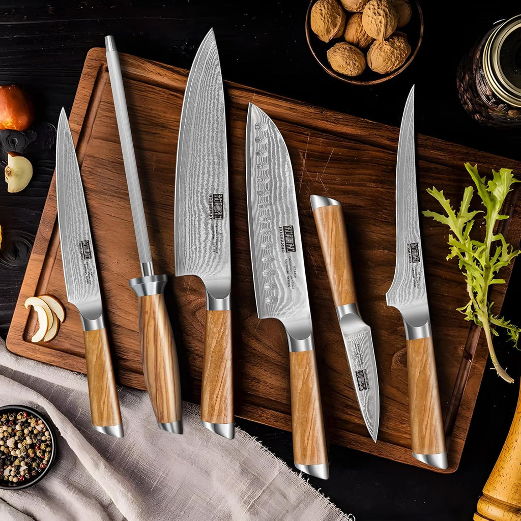 Damascus Knife Block Set 7PCS, Sharp Kitchen Knives with Sharpener | Professional Chef Knife Set | Japanese Super