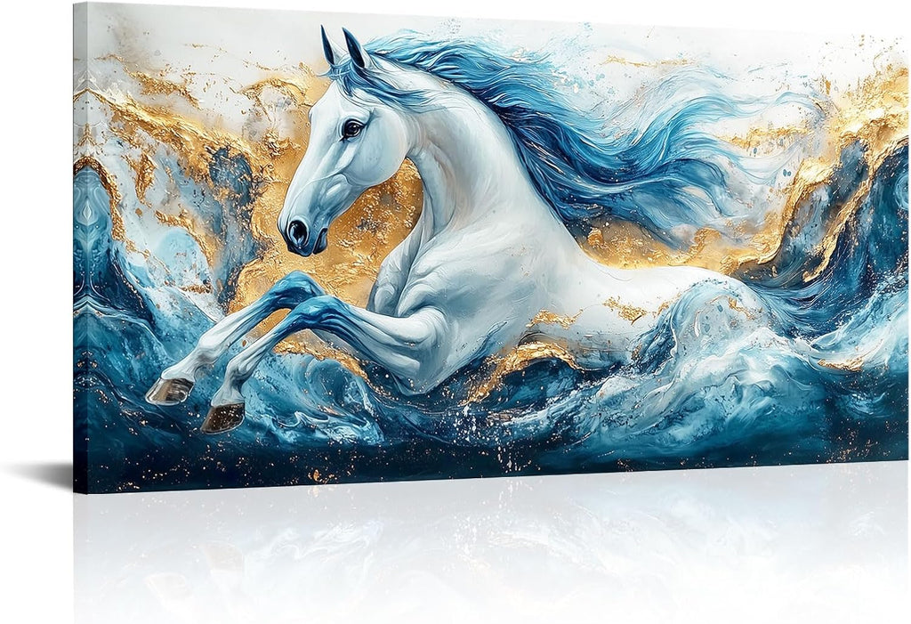 Abstract Horse Wall Art Modern Blue and Gold Sea Wave Animal Picture Wall Decor Canvas Prints Ocean Horse Painting