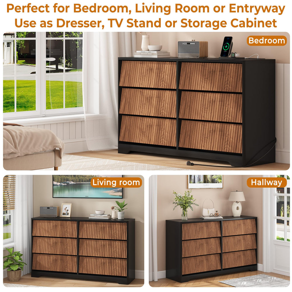 Fluted 6-Drawer Bedroom Dresser with Power Outlets & USB Ports, Modern Handleless Design in White, Oak, Black &