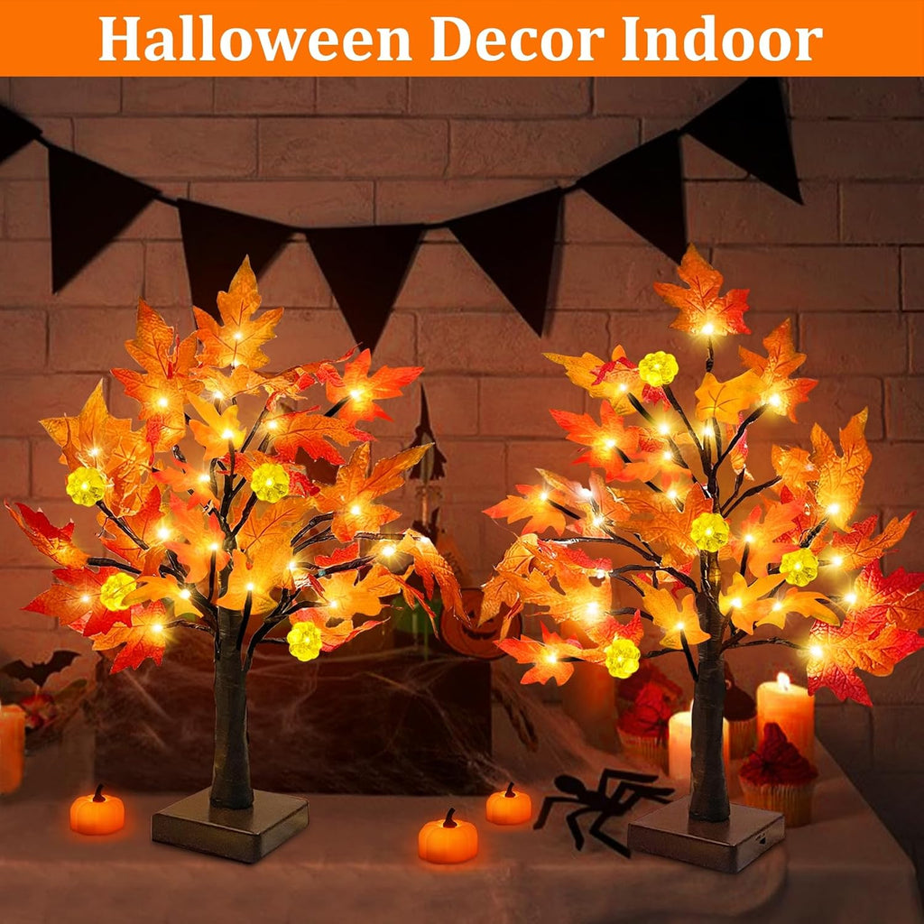 Fall Decor 2 Pack 18 Inch Prelit Fall Maple Tree 48 LEDs Timer - Set of 2