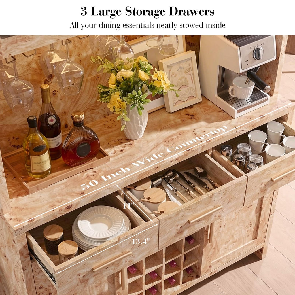 77" Tall Pantry Cabinet & Coffee Bar Cabinet with Storage, Light Burl, 2 Pcs