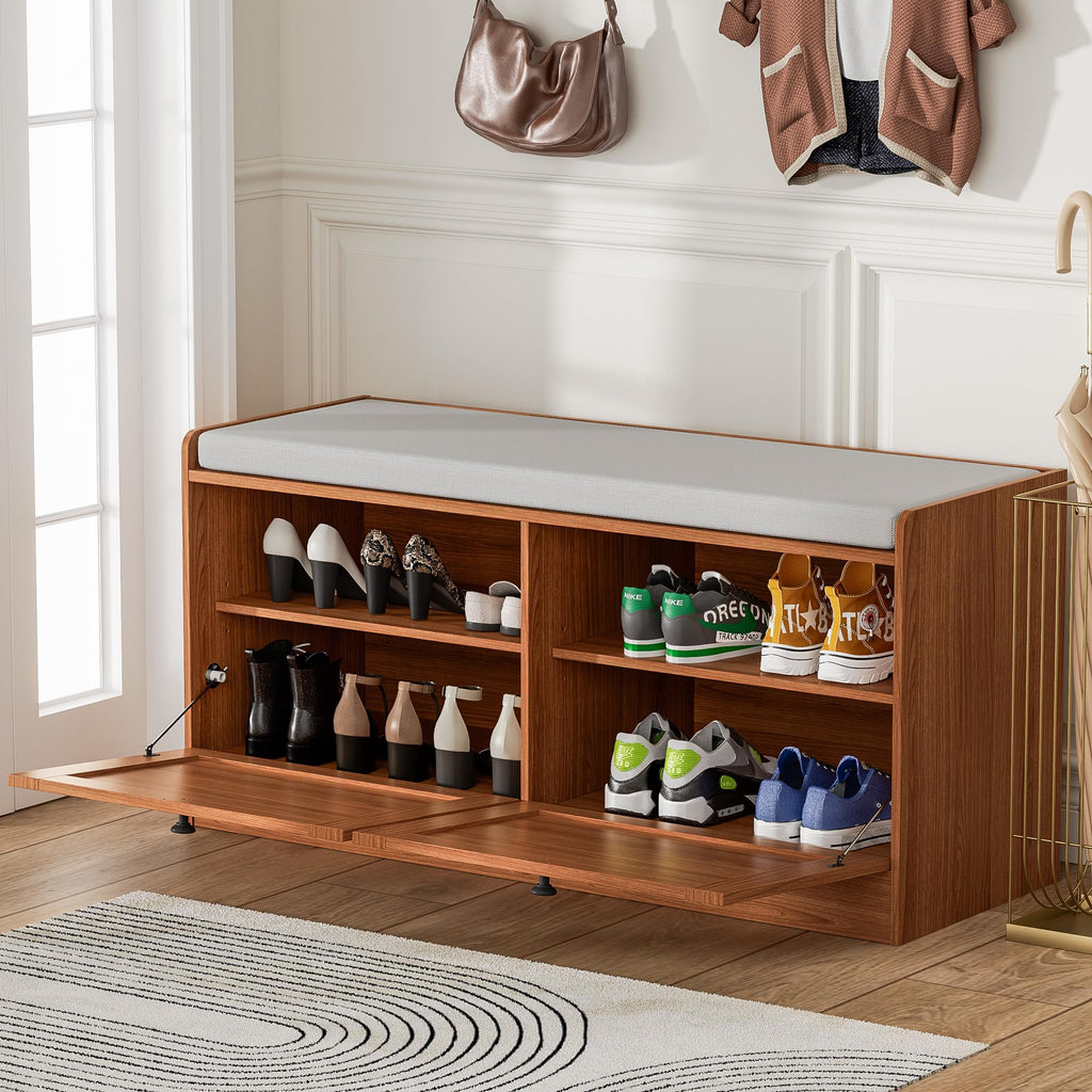 Rattan Shoe Bench - Boho Bench with Storage Cabinets and Seat Cushion - Wooden Storage Bench Fits up to Size 16, Brown