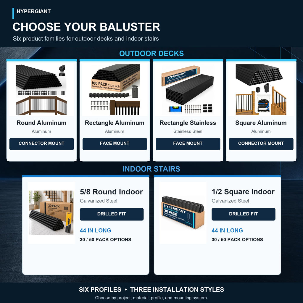 Aluminum Deck Balusters with Anti-UV Black Baluster Connectors, 3/4" Black Aluminum Deck Spindles, Hollow Round
