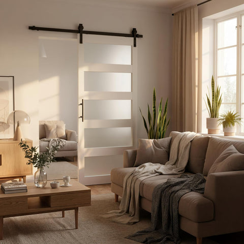 Sliding Barn Door, 36" x 84" 5-Lite Frosted Glass Door with 6FT Hardware Kit Included & Handle,Solid