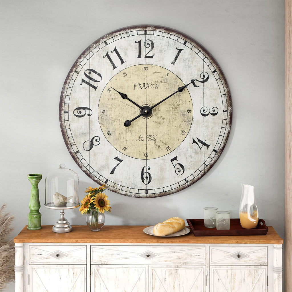 24 Inch Large Wall Clock, Rustic Round Farmhouse Wall Clocks Decor, Silent Non-Ticking Battery Operated Clock with