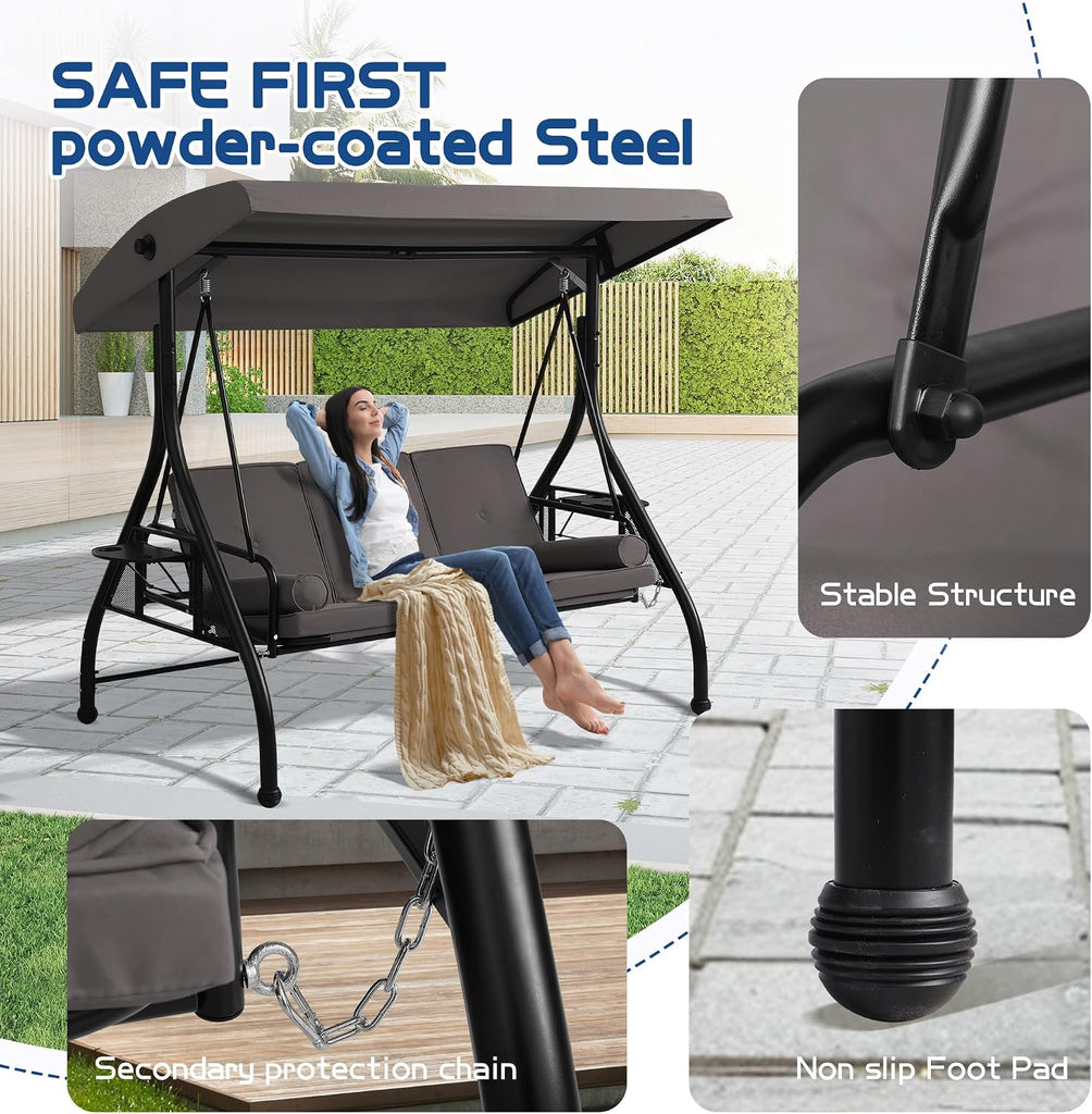 Porch Swings with Adjustable Canopy, 3 Seat Outdoor Swing Bed, Gray | Heavy Duty Porch Glider Bench with Stand