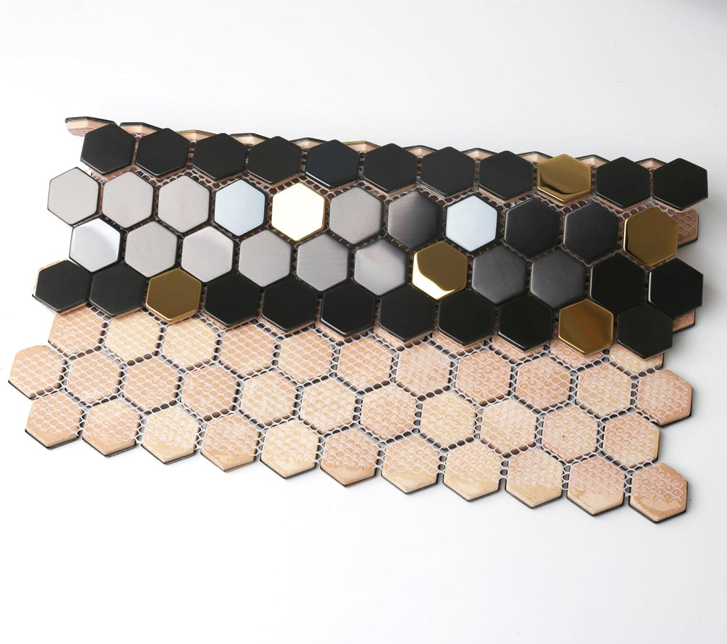Black and Gold Backsplash Wall Hexagon Mosaic Shower Floor Tile Kitchen Bathroom Tile (Box of 5 Sheets)