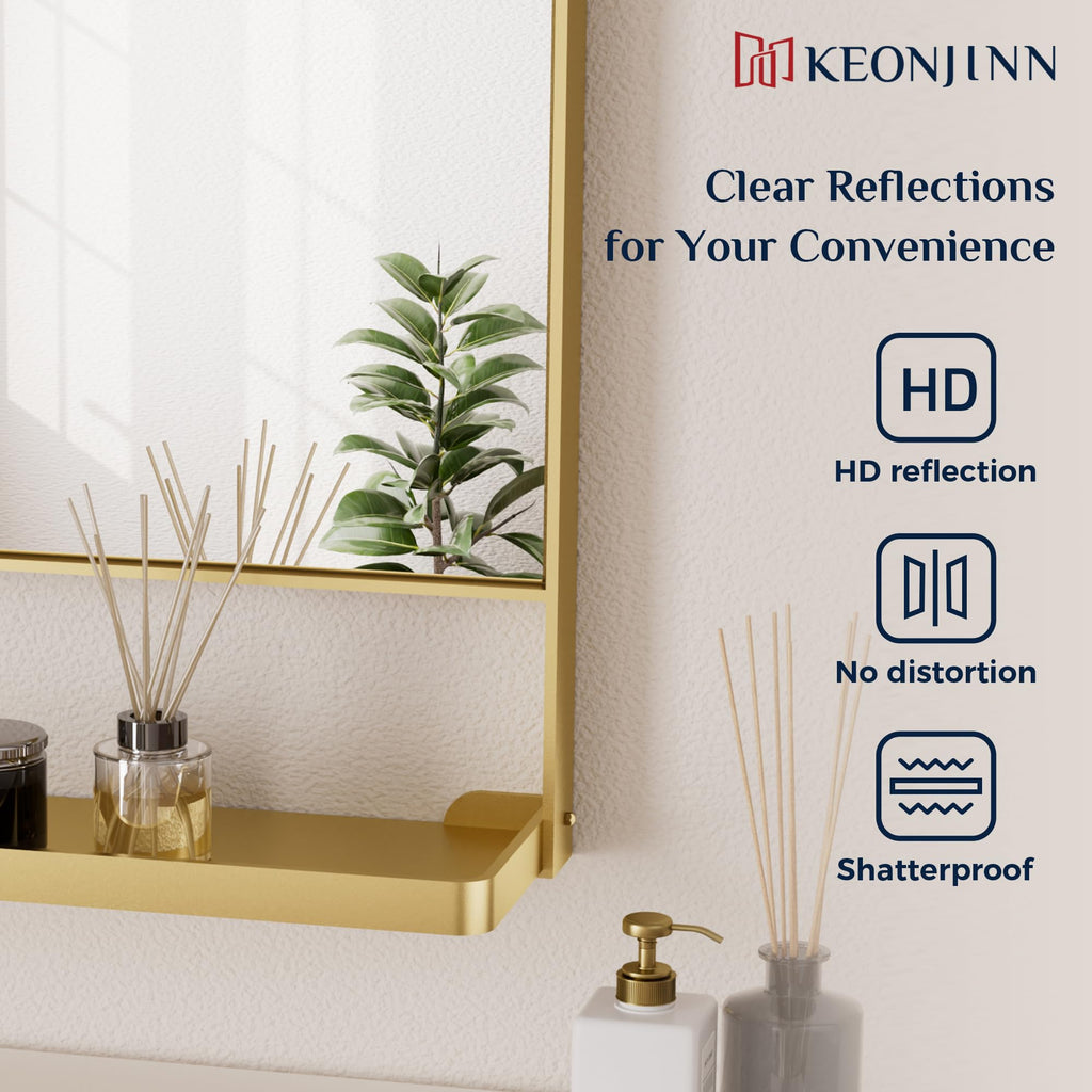 18" x 28" Gold Bathroom Mirror with Shelf, Rounded Corner